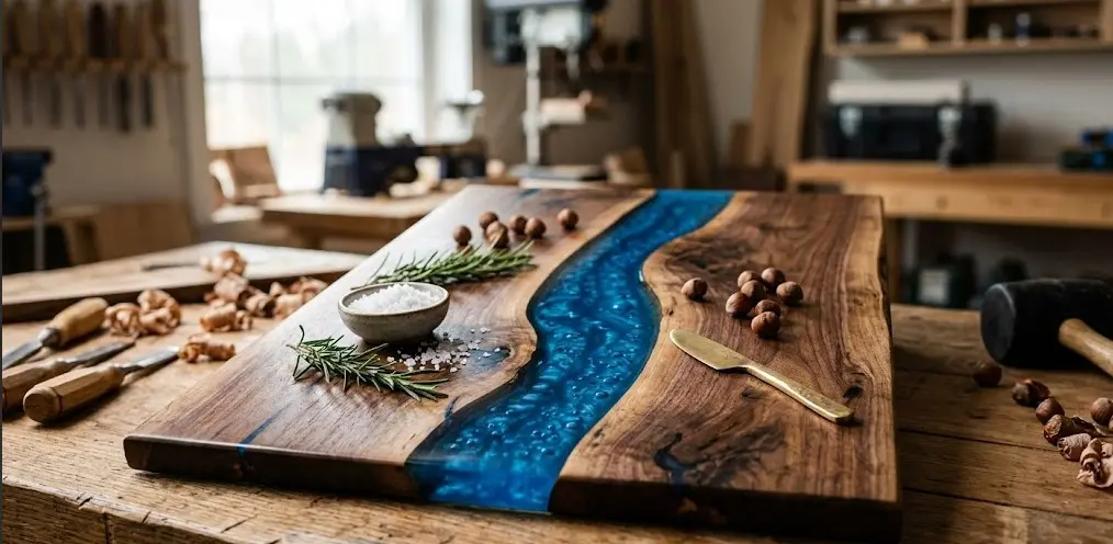 Deska drewniana z żywicą epoksydową - efekt river table z kolorową żywicą w szczelinie drewna