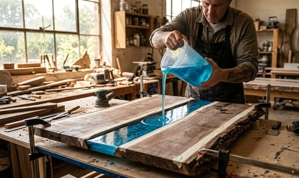 Gotowy stół river table z drewnianym blatem i niebieską rzeką z żywicy epoksydowej
